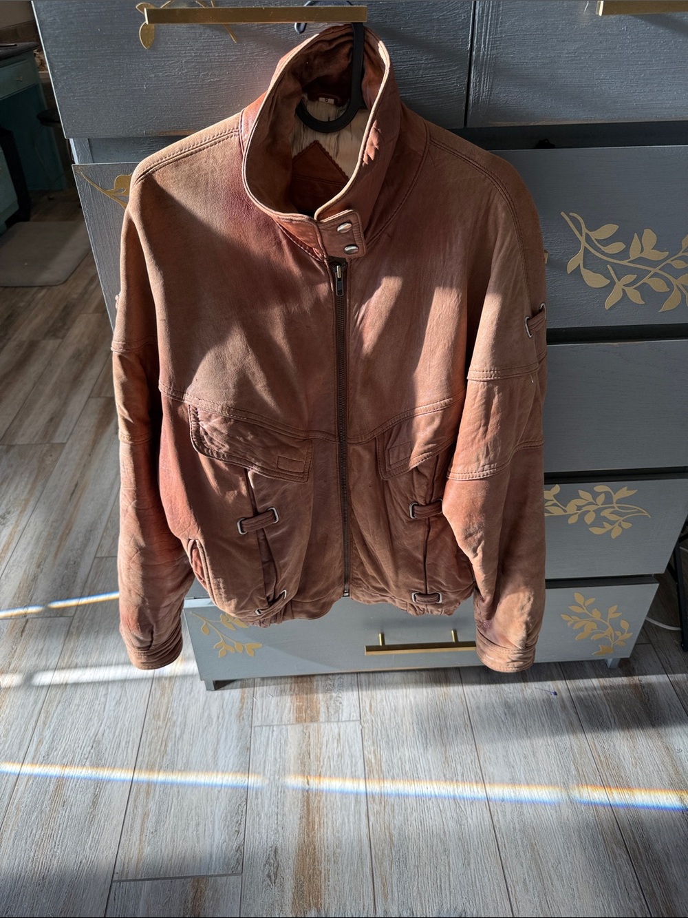 Vintage Men's Brown Suede Bomber Jacket with High Collar